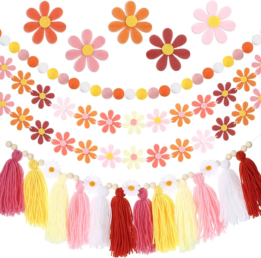 Rtteri 4 Pcs Daisy Garland Felt Ball Boho Garland Pom Pom Boho Tassel Garland Hippie Decor Groovy Party Banner for Wedding Birthday Bridal Classroom Window Wall Home Room Decor(Pastel Colors)