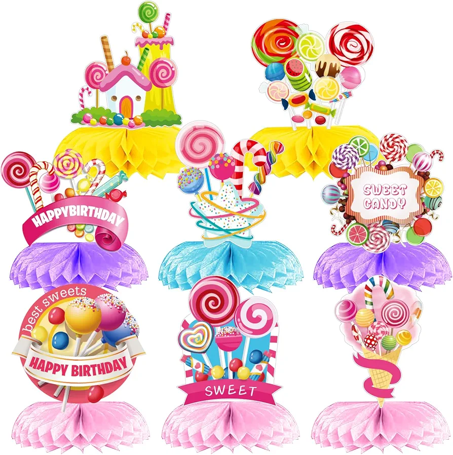 8pcs Happy Birthday Party Centerpiece Table Decorations for Dining Living Room, Sweet Candy Honeycomb Party Decor Supplies Colorful Paper Table Toppers for Girl, Easy Assembly Stable Standing, Jamonxi