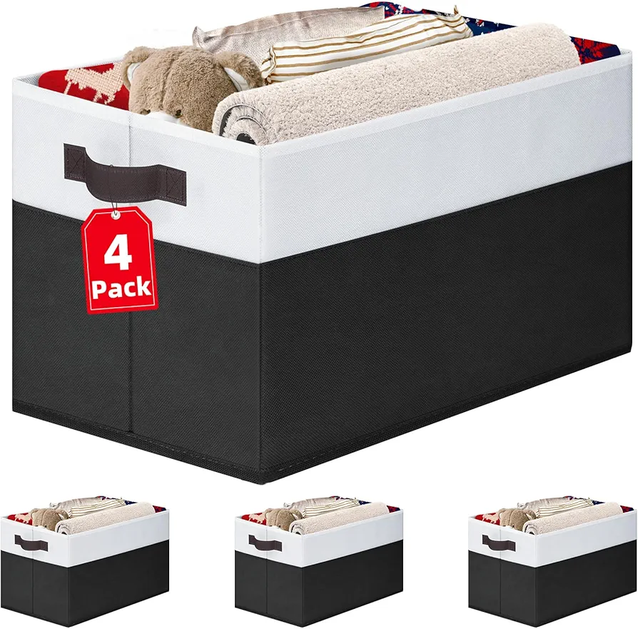 Criusia Large Storage Bins for Shelves 4 Pack, Closet Storage Baskets for Clothes Blanket Beddings Towels, Collapsible Fabric Bathroom Organizer Bins with Handles/ Laundry Room Organization