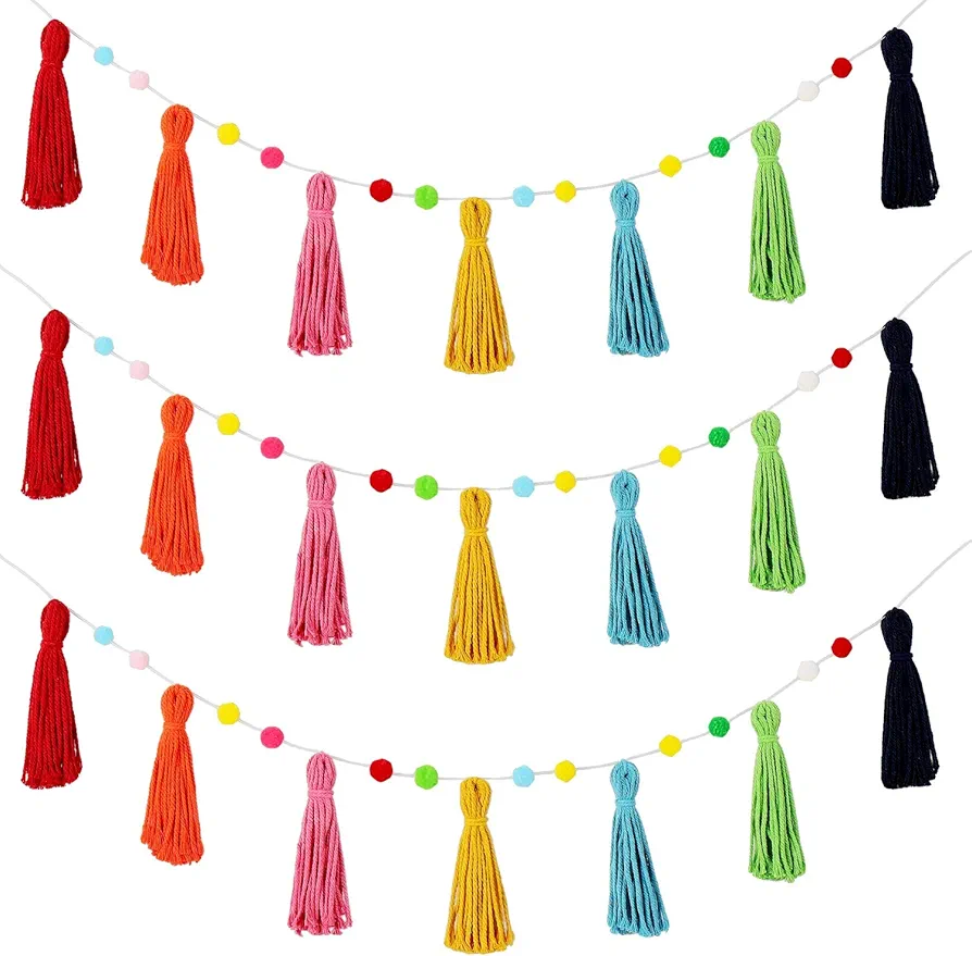 3 Pcs Colorful Rainbow Boho Tassel Garland Pom Pom Classroom Garland Tassel Each 50 Inch Rainbow Garland Banner Decorative Wall for Baby Kids Nursery Shower Decor Photography Prop (Bright Colors)