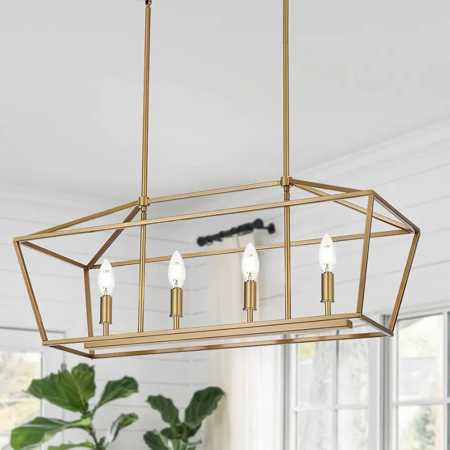 4-Lights Golden Pendant Light Fixtures, Modern Lantern Linear Chandelier with Adjustable Height, Dining Room Ceiling Lighting Hanging for Over Table