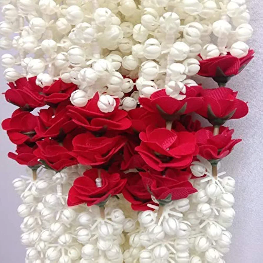 Decioration Flowers Garlands for Home Decoration Plastic and Fabric (White Mogra/Jasmine with Red Roses, 5 feet, Pack of 4) Toran Garland String for Home Door Decoration Wedding Pooja Room