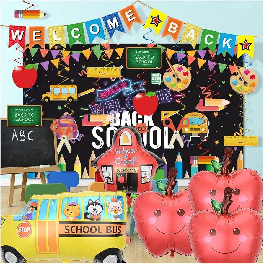 24 Pack Back to School Decorations Supplies - Classroom Decorations Set with Backdrop,Banner,Hanging Swirls and Foil Balloons,Perfect for First Day of School Party