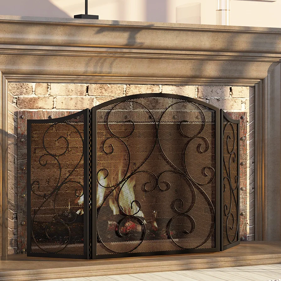 Fire Beauty Fireplace Screen 3 Panel Wrought Iron Metal 48"(L) x30(H) Spark Guard Cover(Black)