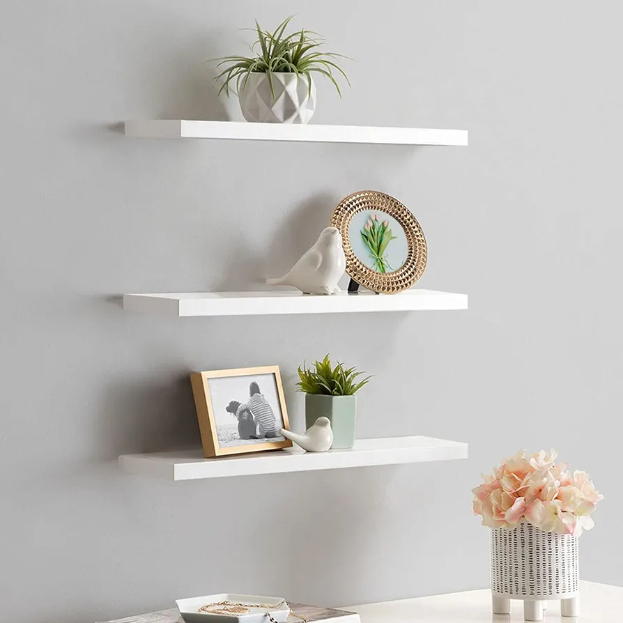 White Floating Shelves Set of 3,Wall Mounted Modern Wood White Floating Wall Shelves Storage Shelf for for Wall Decor, Bedroom, Living Room, Kitchen,Bathroom(White, Set of 3, 17in)