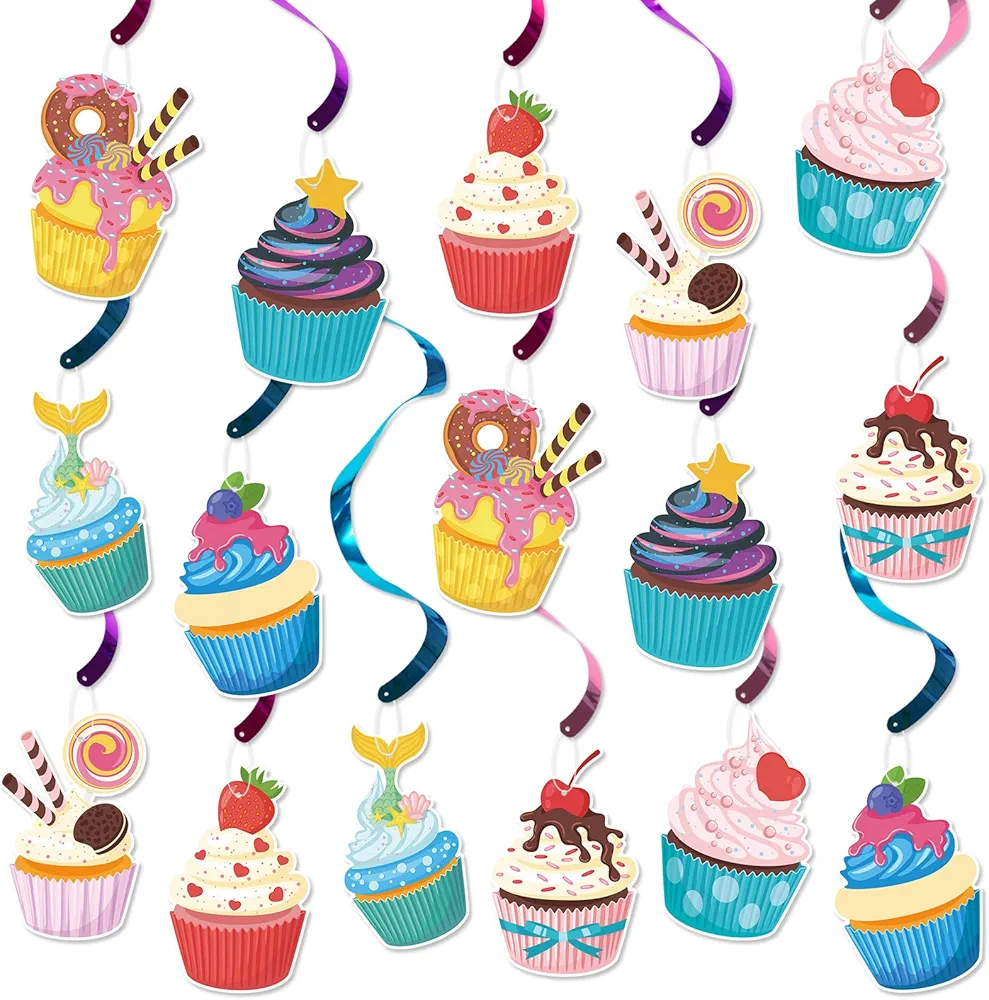 Cupcake Hanging Swirls, Ice Cream Ceiling Decorations, Cupcake Decor, Candy Birthday Classroom Decorations, Cupcake Party Favors (16Pcs)