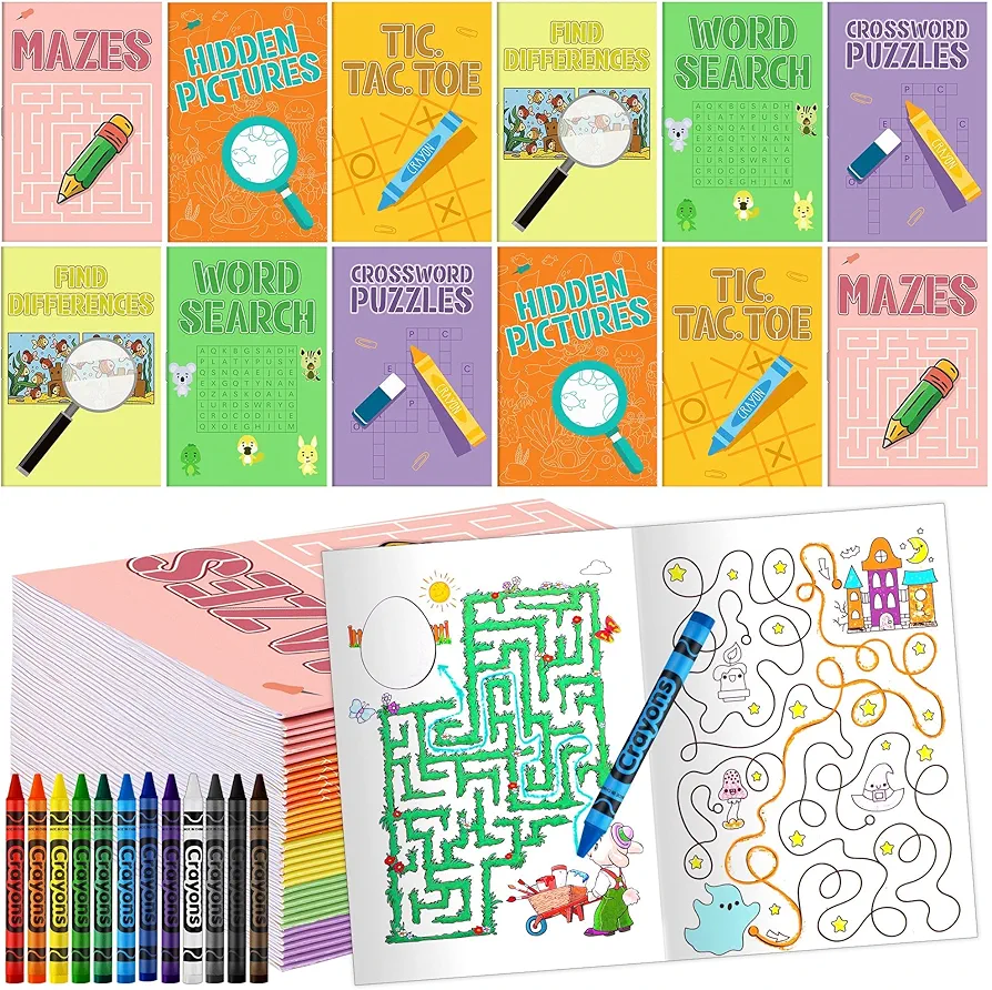 durony 36 Pieces Mini Activity Books with Crayons Fun Challenging Maze Book Brain Stimulation Games Educational Activities Include Mazes, Word Search, Word Scramble and More for Classroom Party Gift