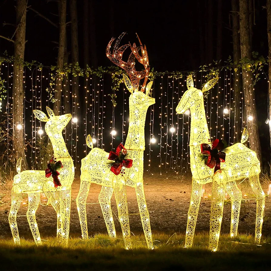 BEST CHRISTMAS CHOICES 3-PCS Christmas Lighted Reindeer for Outdoor Yard Christmas Glowing Decoration with 230 LED Lights, Battery Box, Plug, Ground Stakes, Yellow (SW0136)