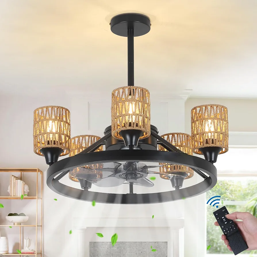 Airposta Ceiling Fans with Lights and Remote, Dimmable Low Profile Ceiling Fan with Light, Boho Farmhouse Ceiling Fans with Rattan Shade, 6 Speed Chandelier Ceiling Fan for Bedroom Living Room Kitchen