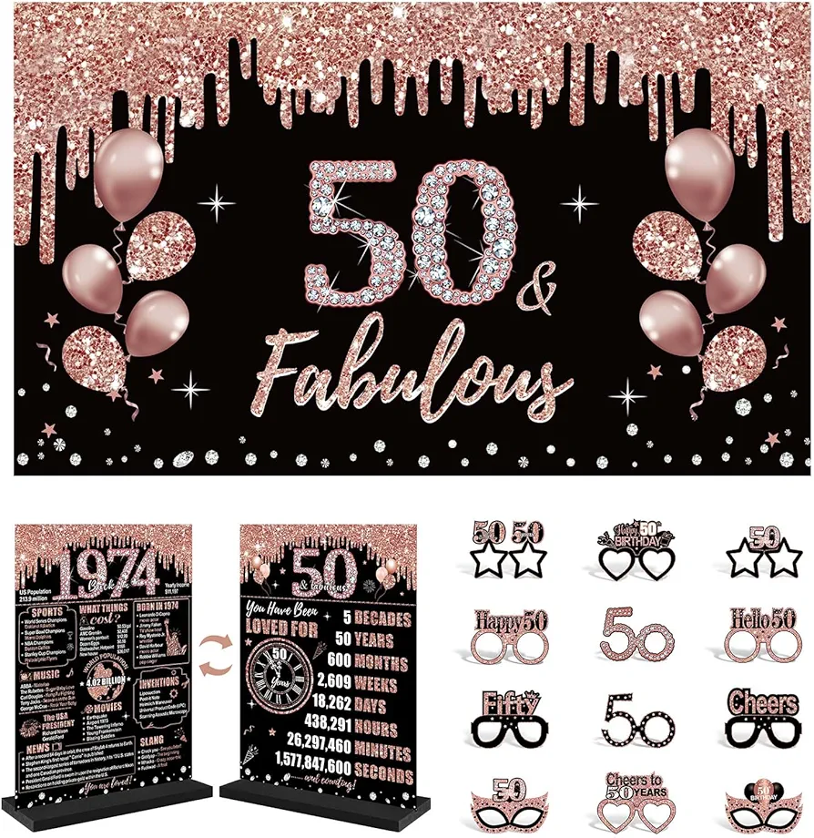 50th Birthday Banner and Paper Eyeglasses Decorations and Wooden Table Sign