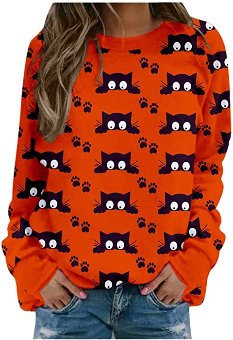 Halloween Sweatshirts for Women, Women's Novelty Bat Print Long Sleeve Sweatshirts Casual Loose Pullover Tops Blouse Shirts