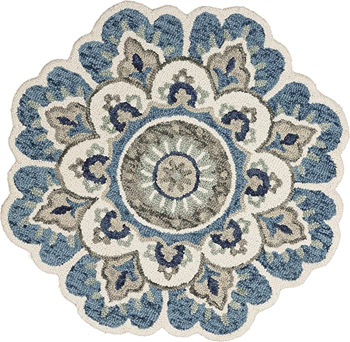 LR Home Edged Flora Area Rug, 6' Round, Blue