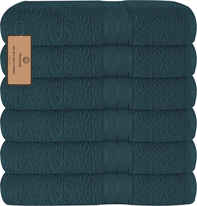 Oxycott Premium Cotton Set of 6 Bath Towels 27x54, Ultra Soft Quick Dry Absorbent Extra Large Bath Towels for Bathroom, Hotel Quality Luxury Spa Collection Bath Towel Set Bulk 6 Pack Teal