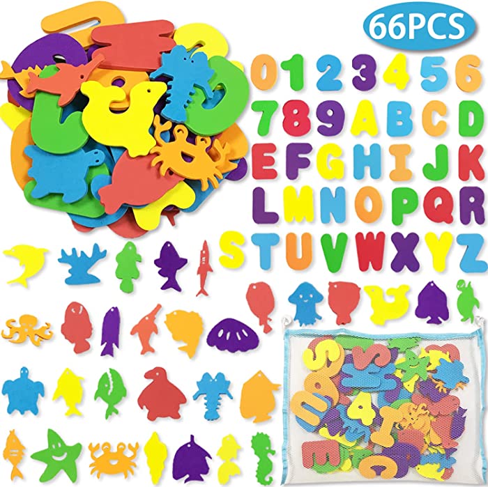 66pcs Bath Toys Foam Letters Alphabet Numbers Animals Toys Set for Kids Bath Time Fun