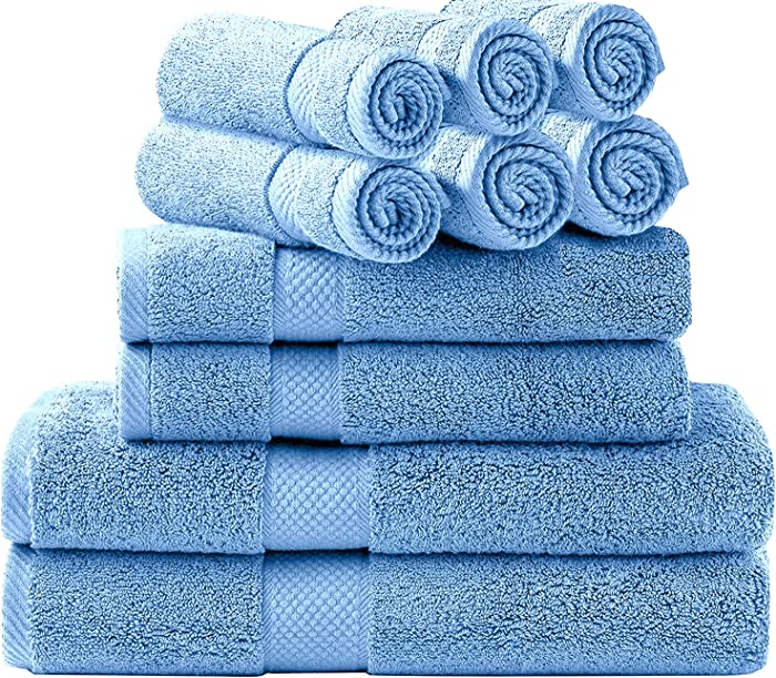 Bath Towels Set, 2 Bath Towels, 2 Hand Towels, and 6 Washcloths (10 Piece Set), Ring Spun Cotton Highly Absorbent Towels for Bathroom, Shower Towel (Blue)