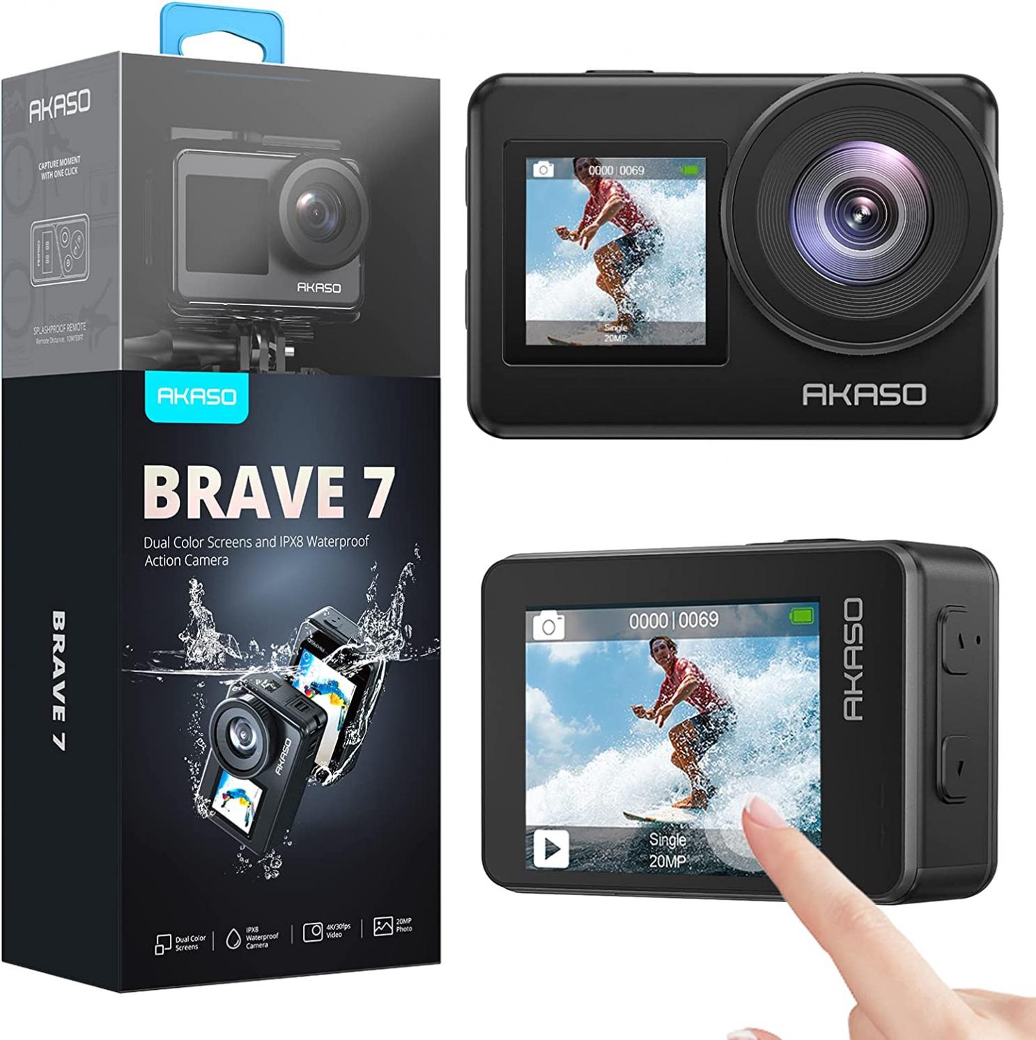 AKASO Brave 7 4K30FPS 20MP WiFi Action Camera with Touch Screen IPX8 33FT Waterproof Camera EIS 2.0 Zoom Support External Mic Voice Control with 2X 1350mAh Batteries Vlog Camera