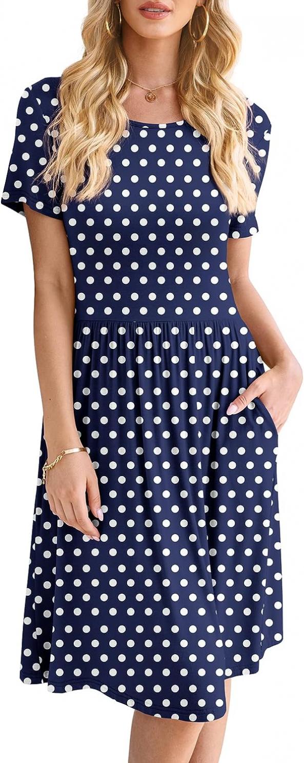 DB MOON Women Casual Short Sleeve Dresses Empire Waist Knee Length Dress with Pockets