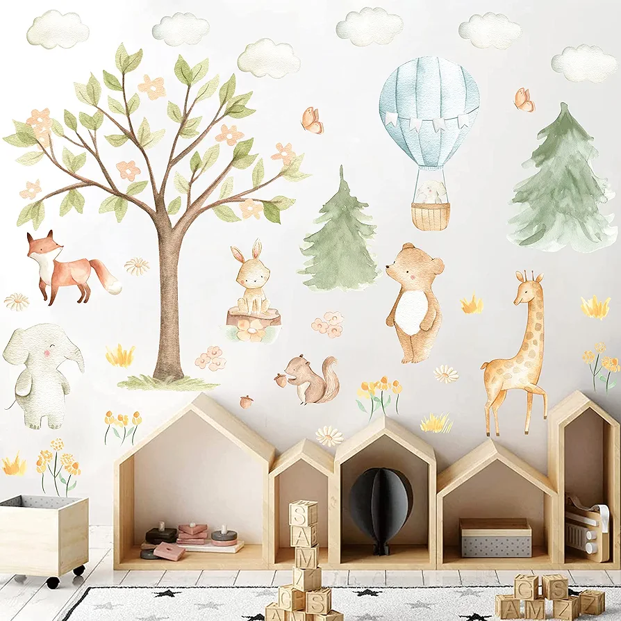 Watercolor Tree Animal Wall Stickers Forest Animals Wall Stickers Baby Room Decor Woodland Nursery Wall Decals Peel and Stick Cartoon Hot Air Balloon Animals Wall Stickers for Kids Room Playroom Decor