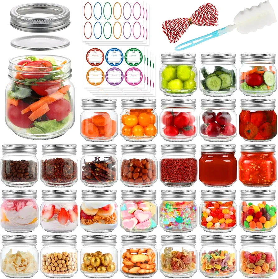 30 Pack Mason Jars 8 oz with Regular Lids and Bands, Half Pint Canning Jars, Small Glass Jars for Honey Jelly Jam Crafts