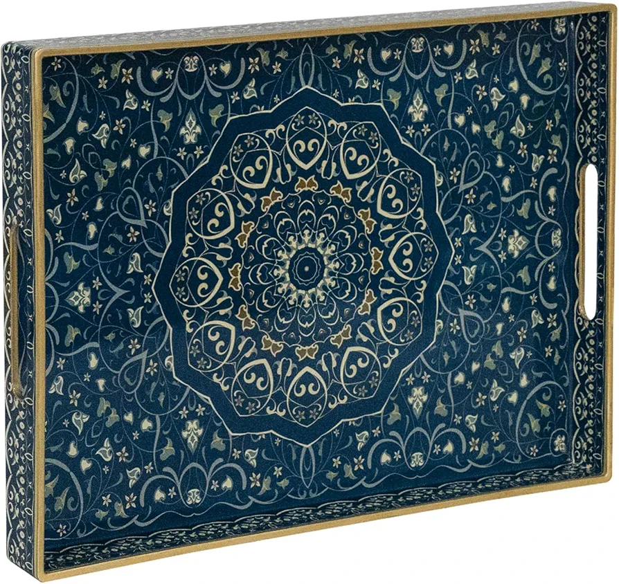 MAONAME Serving Tray with Handles, Plastic Rectangular Tray for Coffee Table, Dark Blue Boho Decorative Tray for Ottoman, Living Room, 15.8" Lx 11.8" W X 1.6" H