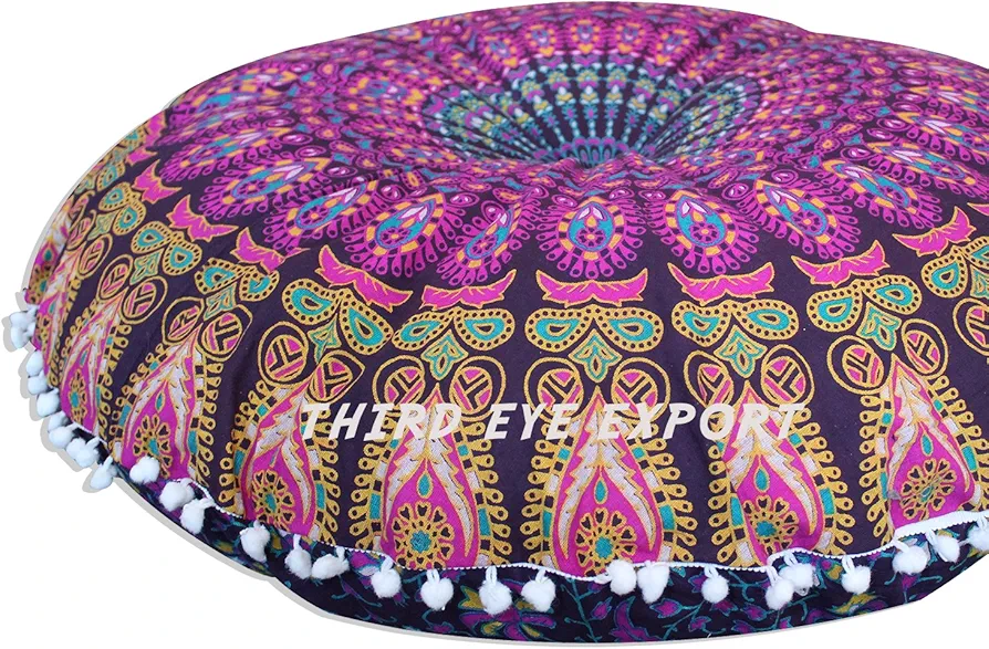 Boho Room Decor Aesthetic: Vintage Indie Purple 32 Inches Indian Mandala Round Pillows Meditation Cushion Cover, Perfect for Cottagecore Hippie Room Decor (Purple, 32 Inches (81 Cms.)