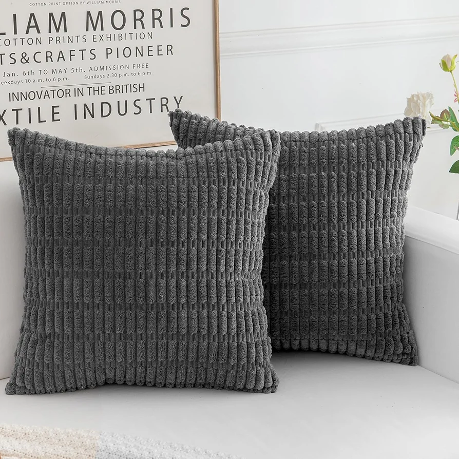 Corduroy Decorative Throw Pillow Covers, Boho Stripe Soft Square Cushion Case Home Decor for Living Room Couch Bed Sofa, Set of 2 Pack, Dark Grey, 18x18 Inch