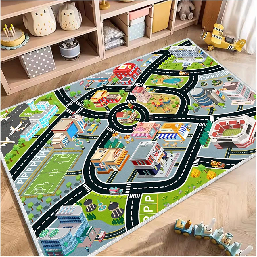 Kids Car Rug, Carpet Playmat for Toy Cars and Train, Road Traffic Play Mat for Kids, Play Area Rug with Non-Slip Backing, Ideal gift for children's room playroom(2.6×3.9ft/31×47in)