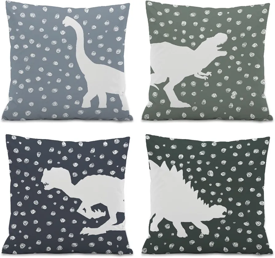 Dinosaur Throw PillowCovers,Cartoon Green Blue Dino T-Rex Pillow Case Decor Set of 4,Boys Room Kids Room Decor,Pillow Decorative for Classroom Nursery Playroom Bedroom,18x18 Inch