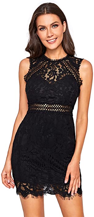 Verdusa Women's Sleeveless Scalloped Hem Fitted Floral Lace Bodycon Dress