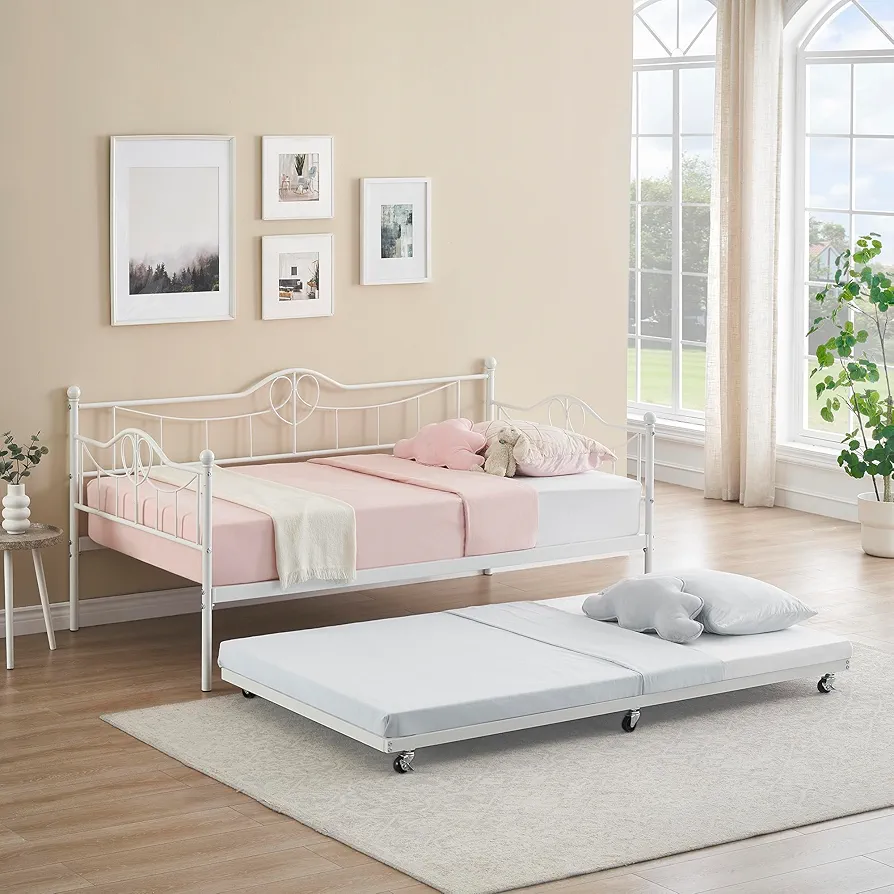 Twin Size Daybed with Trundle, Twin Daybed with Pull Out Trundle Set, Bed Frame Metal Sofa, Steel Slat Support for Living Room, Bedroom Easy Assembly, White