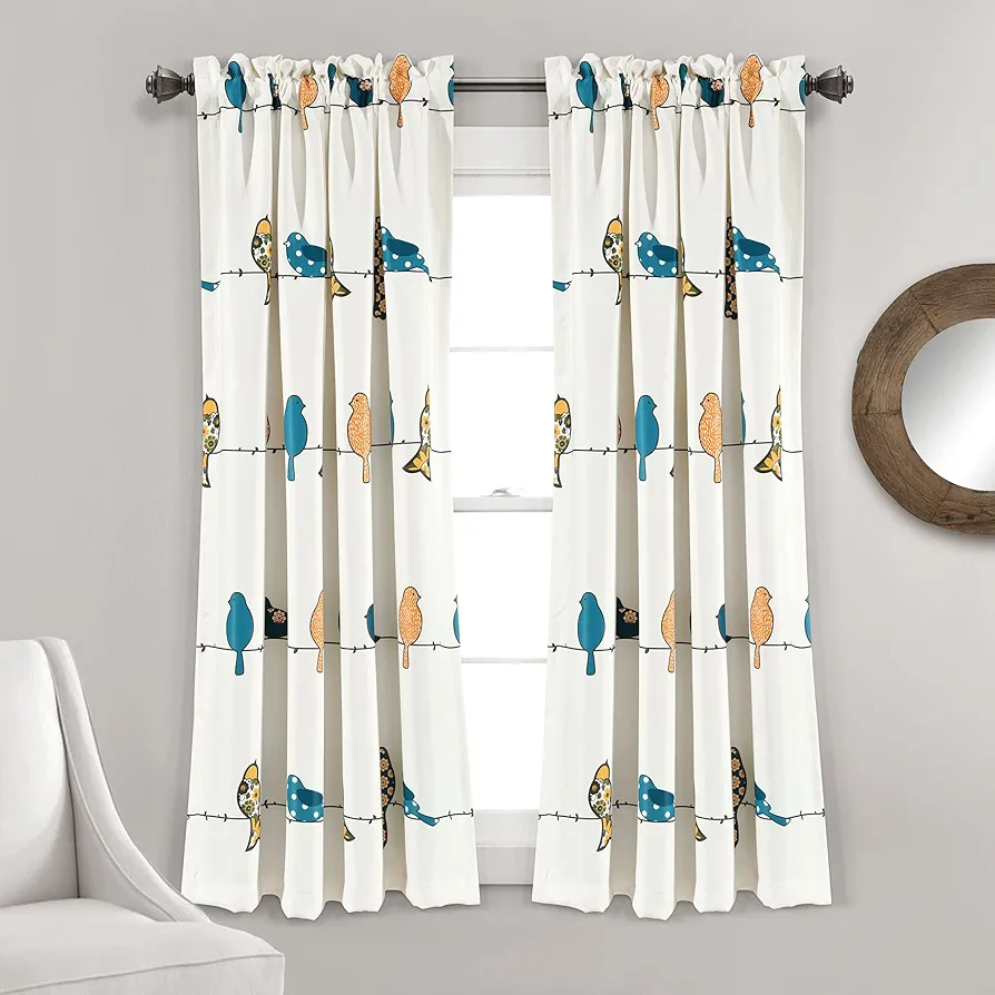 Lush Decor Rowley Birds Light Filtering Window Curtain Panels, Pair, 52" W x 63" L, Multi - Colorful Floral Print - Whimsical & Playful Bird Curtains For Bedroom, Living Room, Or Dining Room