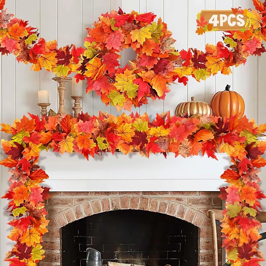 Palmatte 4 Pack Thanksgiving Fall Decorations for Home Porch, 5.8ft Indoor Outdoor Fall Decor Autumn Harvest Garland Leaves Fake Vines Room Decor Wedding Party Friendsgiving Decorations (Multicolor)