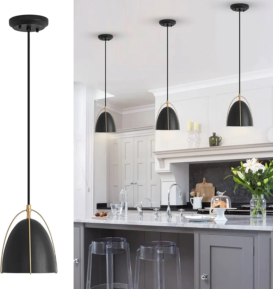 2 Pack Modern Black Pendant Lighting Dome Pendant Light for Kitchen Island 1 - Light Black and Gold Pendant Light Fixtute for Kitchen Sink Dining Room Hallway Bar