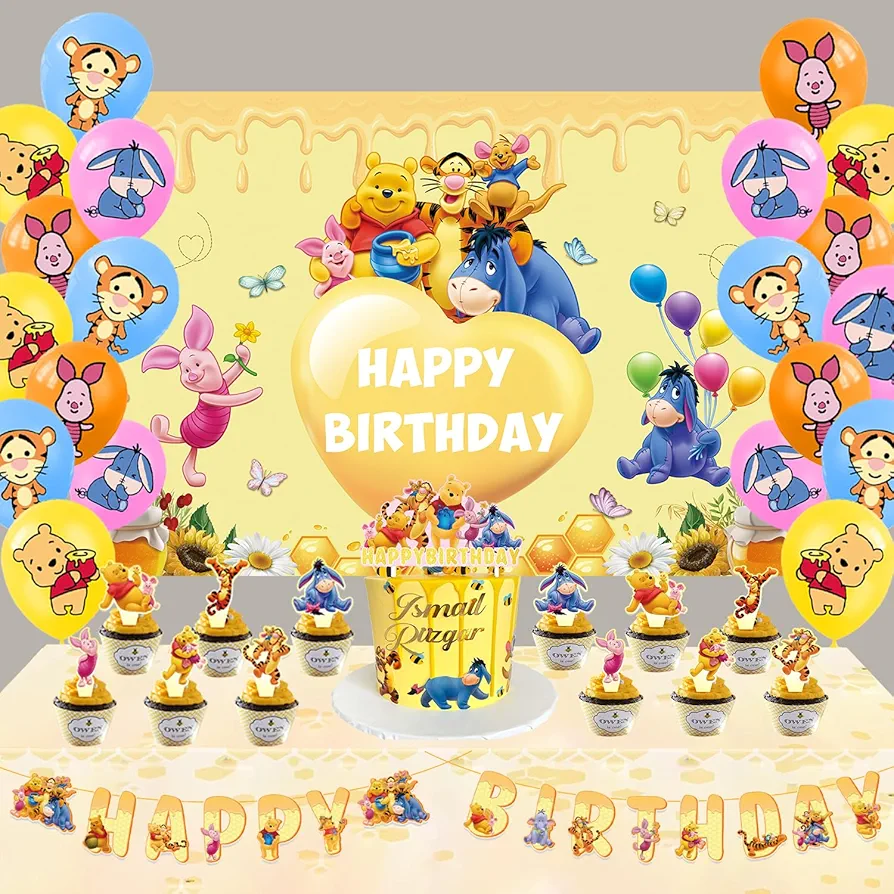 Cute Pooh Party Set Includes Bear Balloons Cake Toppers Happy Birthday Banner Bear Yellow Photography Backdrop Bear Theme Birthday Party Decoration Supplies Room Decoration