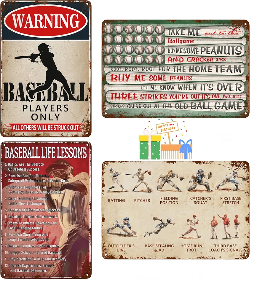 Baseball Tin Sign - 8x12 Inch Vintage Metal Wall Art for Boys' Room, Baseball Player Gifts, Decorative Poster for Bedroom, Playroom, Unique Baseball Themed Decor and Gift Idea