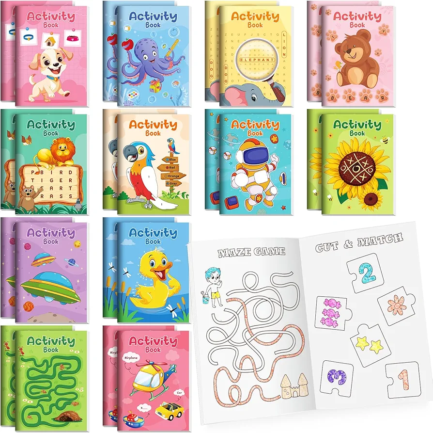 BenLouis 24 Mini Activity Books for Kids ages 4-8-12 Mini Fun Games Puzzle Books Bulk Include Mazes Word Search and More for Preschool Classroom Learning Travel Busy Party Favors Goodie Bags