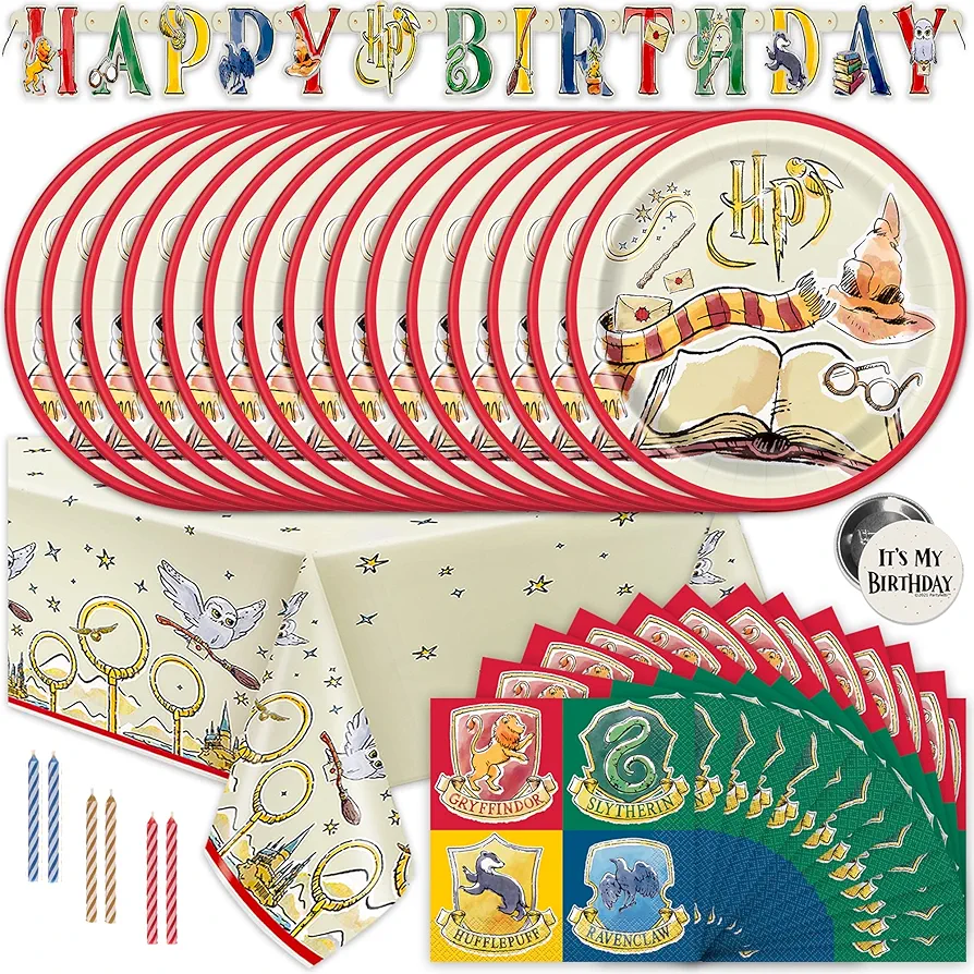 Harry Potter Birthday Decorations Kit | Harry Potter Birthday Party Supplies | With Harry Potter Table Cover, Banner, Dinner Plates, Napkins, Candles, Button | Serves 16