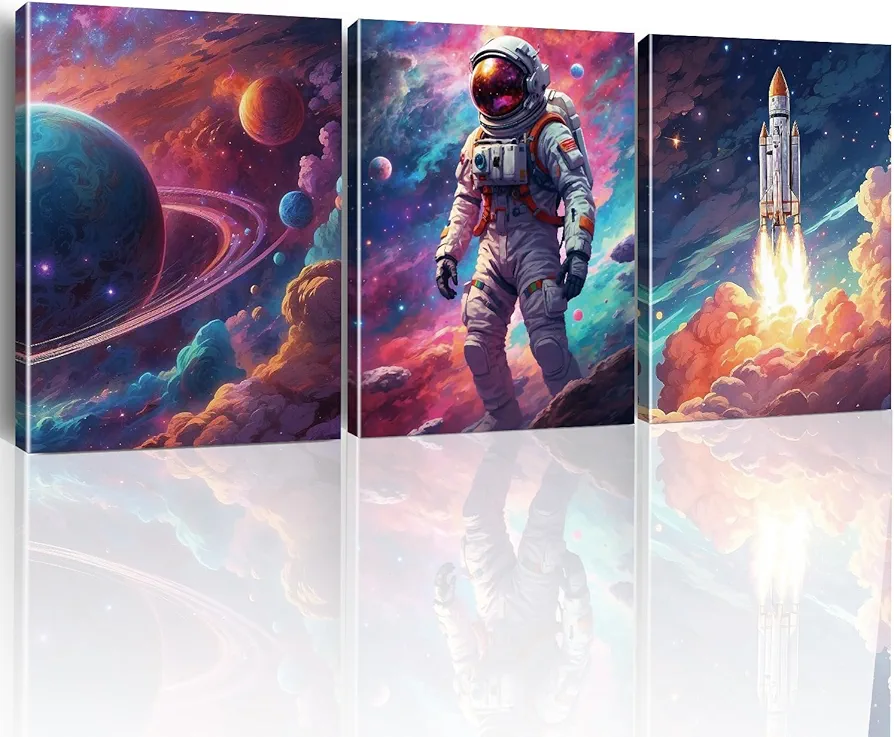 Outer Space Art Wall Decor Astronaut Spaceman Planets Spaceship Canvas Prints Posters Framed Artwork Space Room Boys Bedroom Playroom Nursery Home Space Decorations, 3 Panels