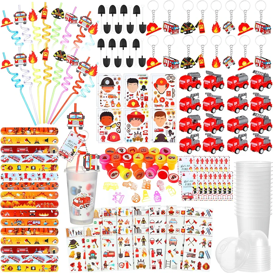 211 Pcs Firefighter Party Favors Included Gift Cup Straw Keychain Bracelet Mini Truck Puzzle Sticker Stamper Card Tattoo Sticker Cable Tie for Classroom Birthday Gift Prize