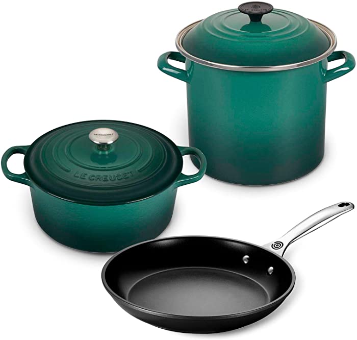 Le Creuset 5-Piece Oven and Stovetop Cookware Bundle with 4-1/2 QT Round Dutch Oven, Le Creuset 8 QT Covered Stockpot, and Le Creuset 10" Toughened Nonstick Pro Fry Pan - Artichaut