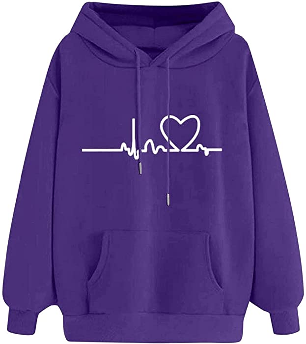 YRAETENM Womens Hoodies Casual Long Sleeve Tops Heart Printed T-Shirts Spring Fall Sweatshirts Pullover with Pockets