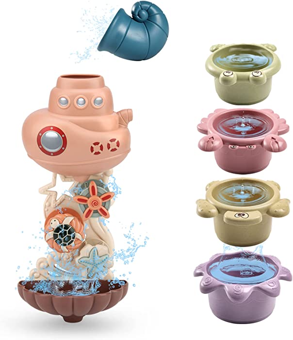 Baby Bath Toys for Toddlers 1-3 Year Old, Baby Bathtub Wall Toys Set, Rotating Submarine Waterfall with Stacking Cups, Toddler Bath Toys, Gift for Kids Infant Girls & Boys(18 Months up)