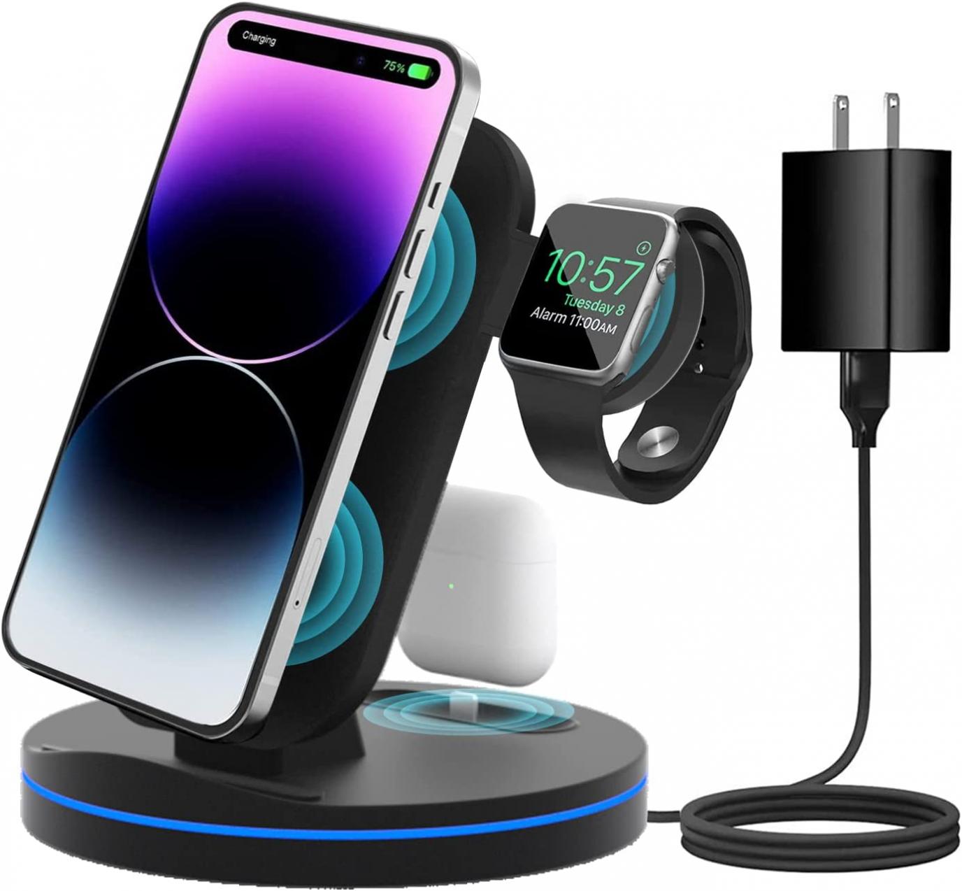 3-in-1 Wireless Charger Station, Qi-Certified Fast Wireless Charging Stand for iPhone 14/13/12/11 (Pro/Max/mini/XS/XR/X/8/Plus), for Apple iWatch 7 /SE/6/5/4/3/2, AirPods 3/2/Pro