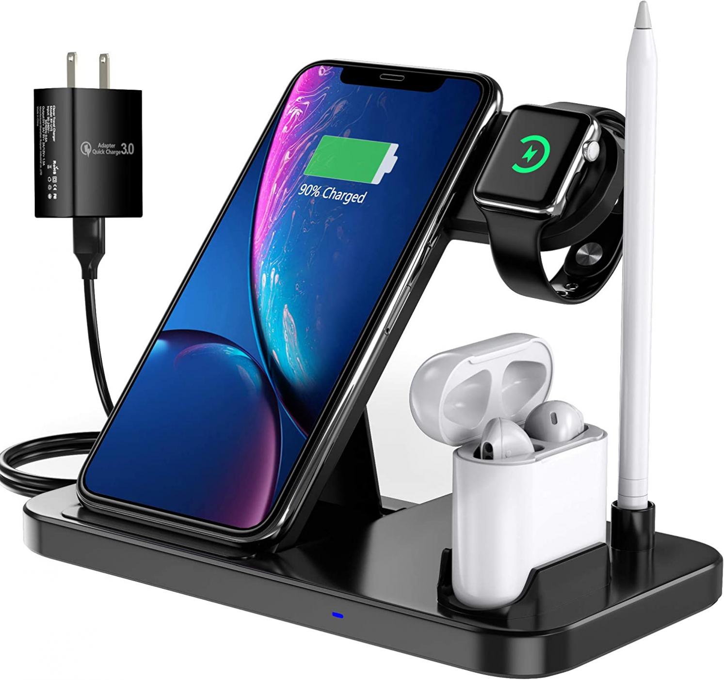 EVIGAL 4 in 1 Wireless Charger, Qi-Certified Fast Charging Station Compatible Apple Watch & AirPods & Apple Pencil, iPhone 14/13/12/11/11Pro/X/XS/XS Max/XR/8/8Plus, Samsung (with QC3.0 Adapter)