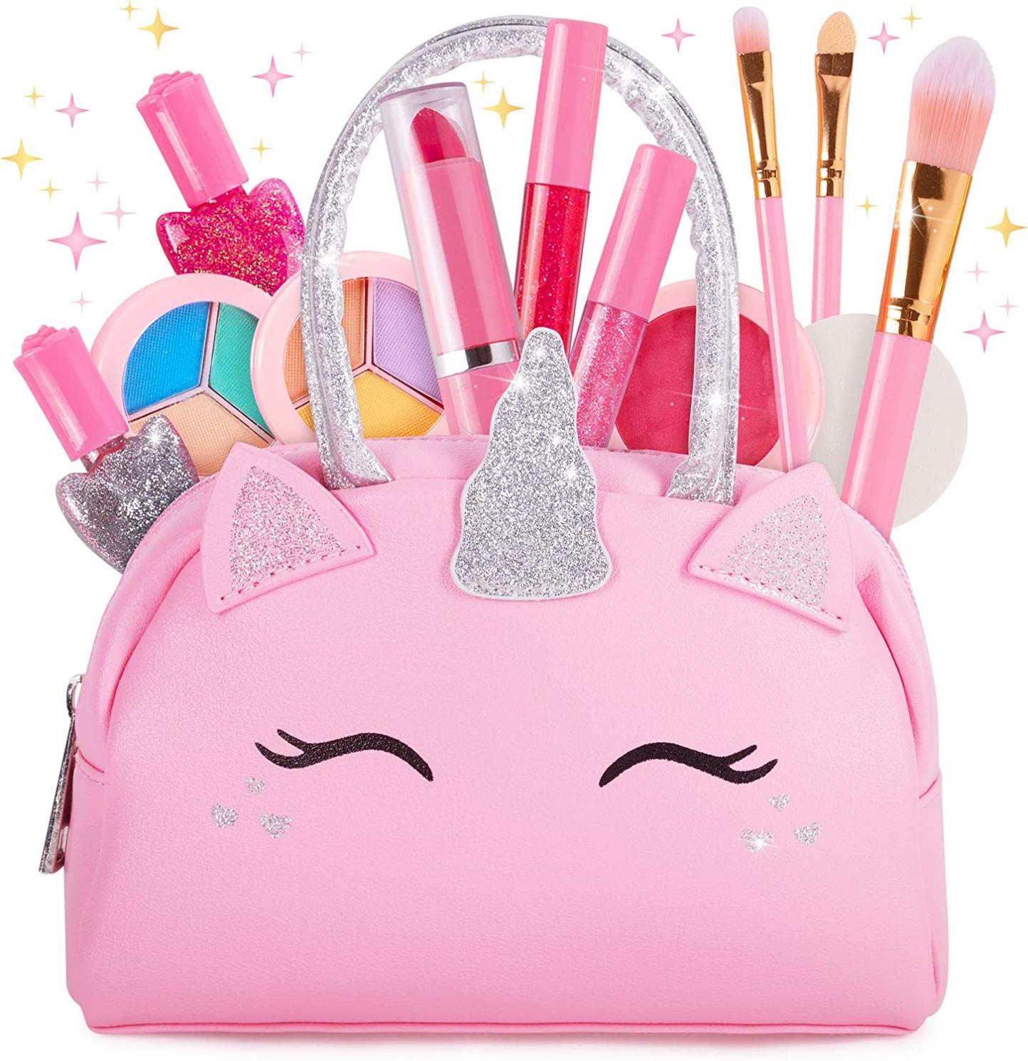 Kids Real Makeup Kit for Little Girls: with Pink Unicorn Bag - Real, Non Toxic, Washable Make Up Toy - Gift for Toddler Young Children Pretend Play Set Vanity for Ages 3 4 5 6 7 8 9 10 Years Old