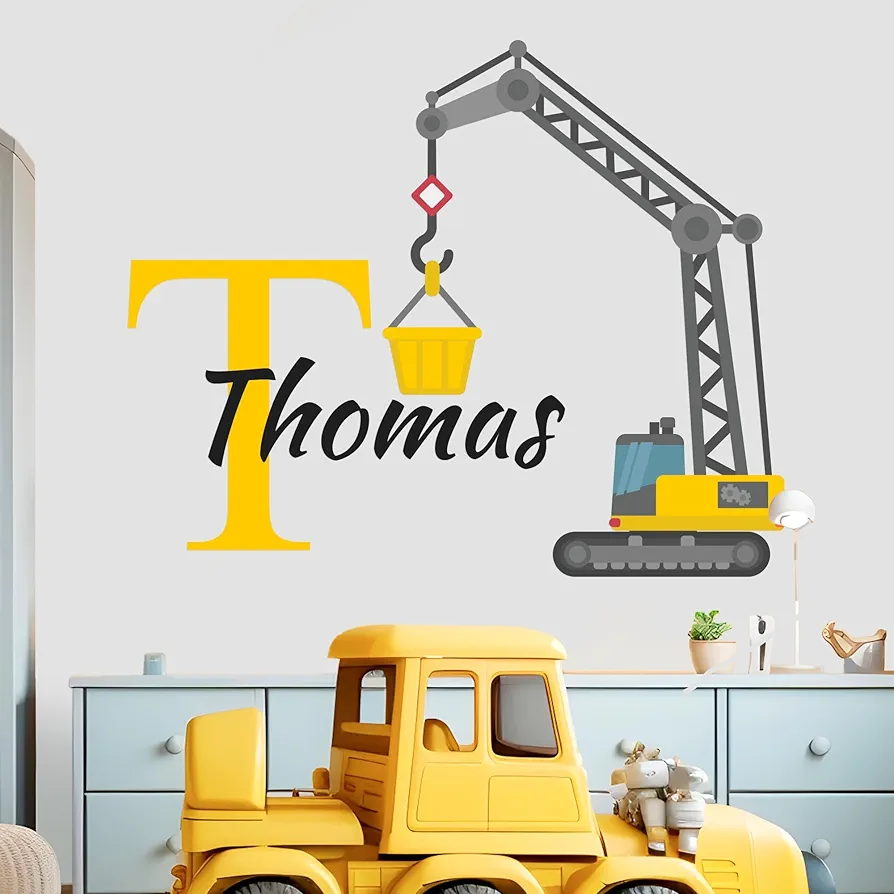 Custom Toddler Construction Crane Wall Decal I Personalized Name Decals for Walls I Nursery Wall Decal for Toddler Room Decorations I Crane Baby Sticker for Bedroom W22"x18"H (Small)