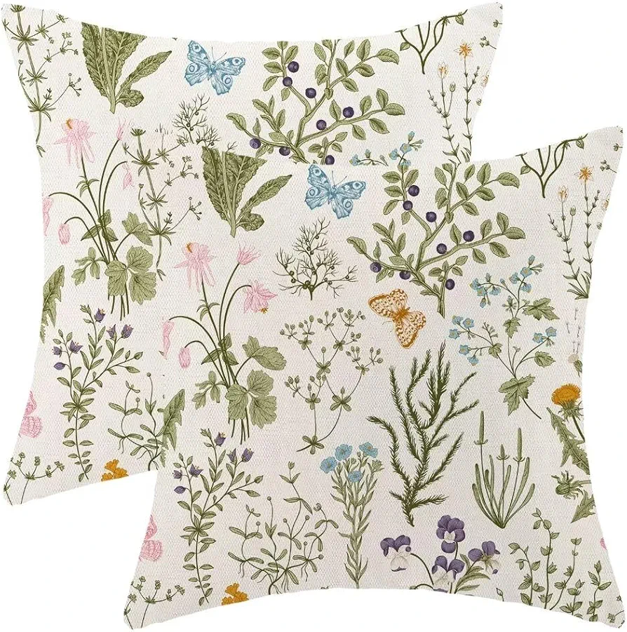 Spring Sage Green Pillow Covers 24 X 24 Inch Set of 2, Wild Flower Plant Decorative Throw Pillow Covers Farmhouse Floral Outdoor Pillows for Couch Home Sofa Living Room