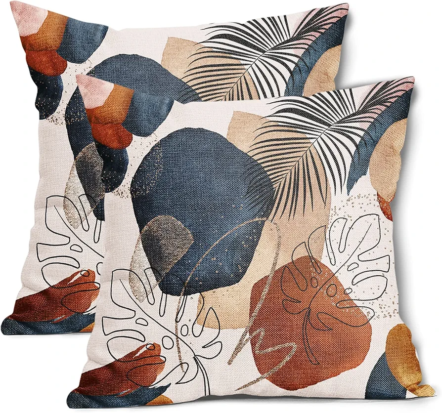 Boho Abstract Mid Century Pillow Covers 18X18 In Set of 2 Bohemian Minimalist Geometric Leaves Throw Pillow Cases Navy Blue Orange Gold Modern Pillow Cover Home Decor For Couch Room Porch Outdoor