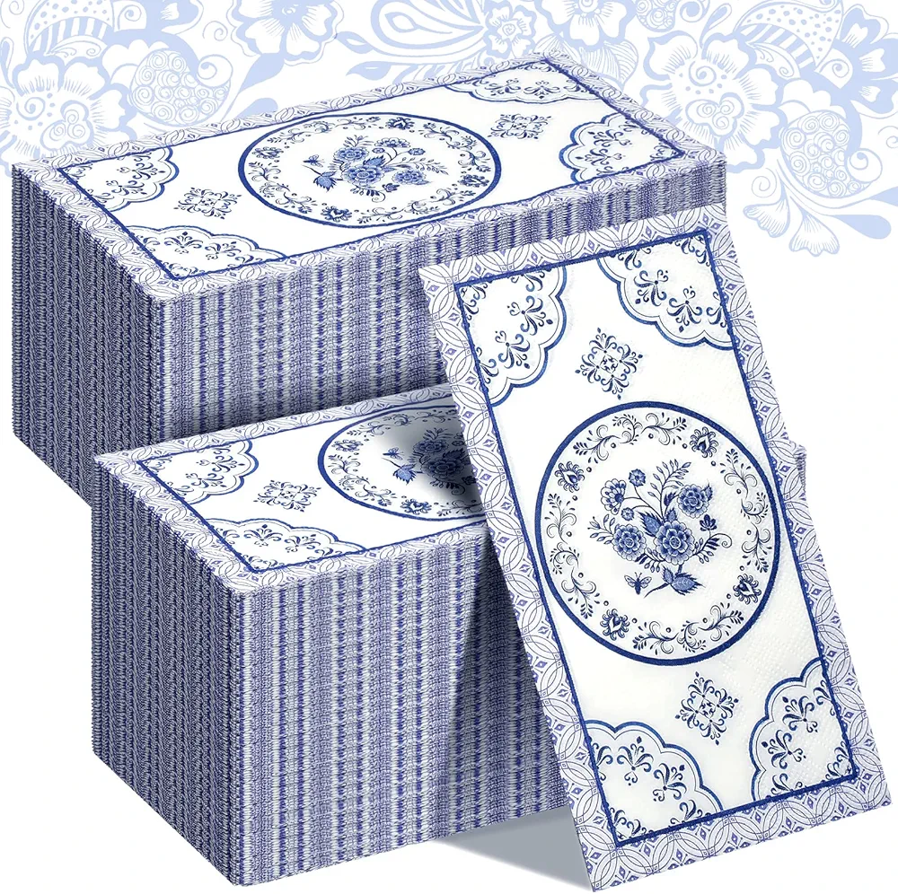 Blue Floral Guest Napkins Blue White Bathroom Napkins Decorative Dinner Napkins Disposable Paper Hand Towels for Bathroom Powder Room Toilet Wedding Birthday Spring Tea Party Favors (200 Pcs)