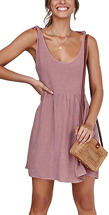 CNJFJ Womens Summer Shoulder Tie Strap Babydoll Dress Casual Scoop Neck A-Line Skater Swing Mini Sundress